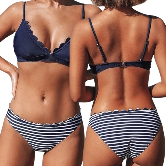 CUPSHE Navy/White Scallop Bikini Set Striped Bottoms Solid Top Size M -NWT - Picture 1 of 8